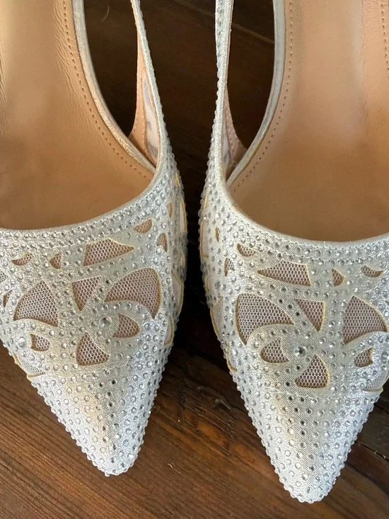 TAXI Silver Embellished Pointed Toe Slingback Heels - Picture 3 of 7